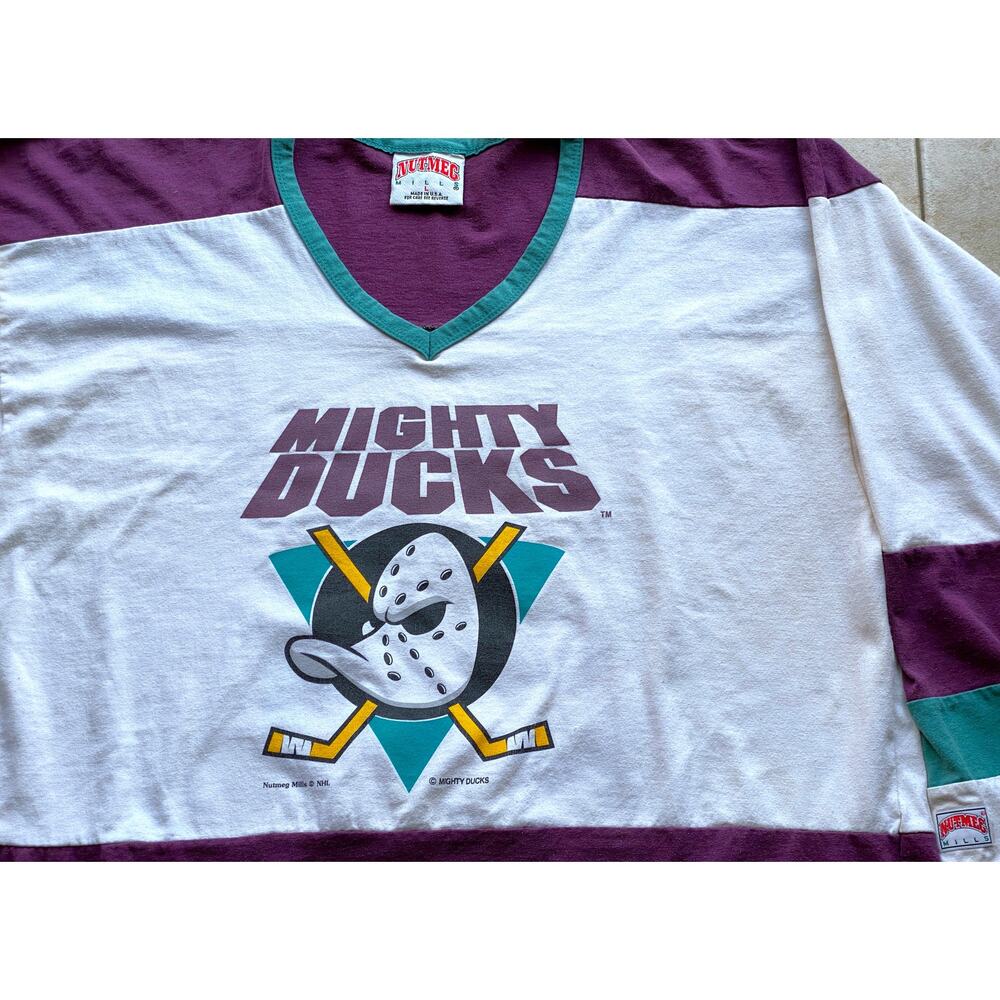 Anaheim Mighty Ducks #93 90s NUTMEG Rugby jersey shirt L white purple NHL vtg